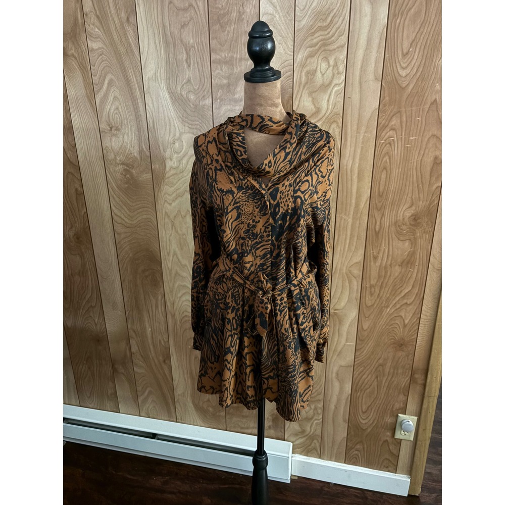 Topshop Petite Animal Print Mini Dress‎ Brown Black Scarf Neck Belted US 2